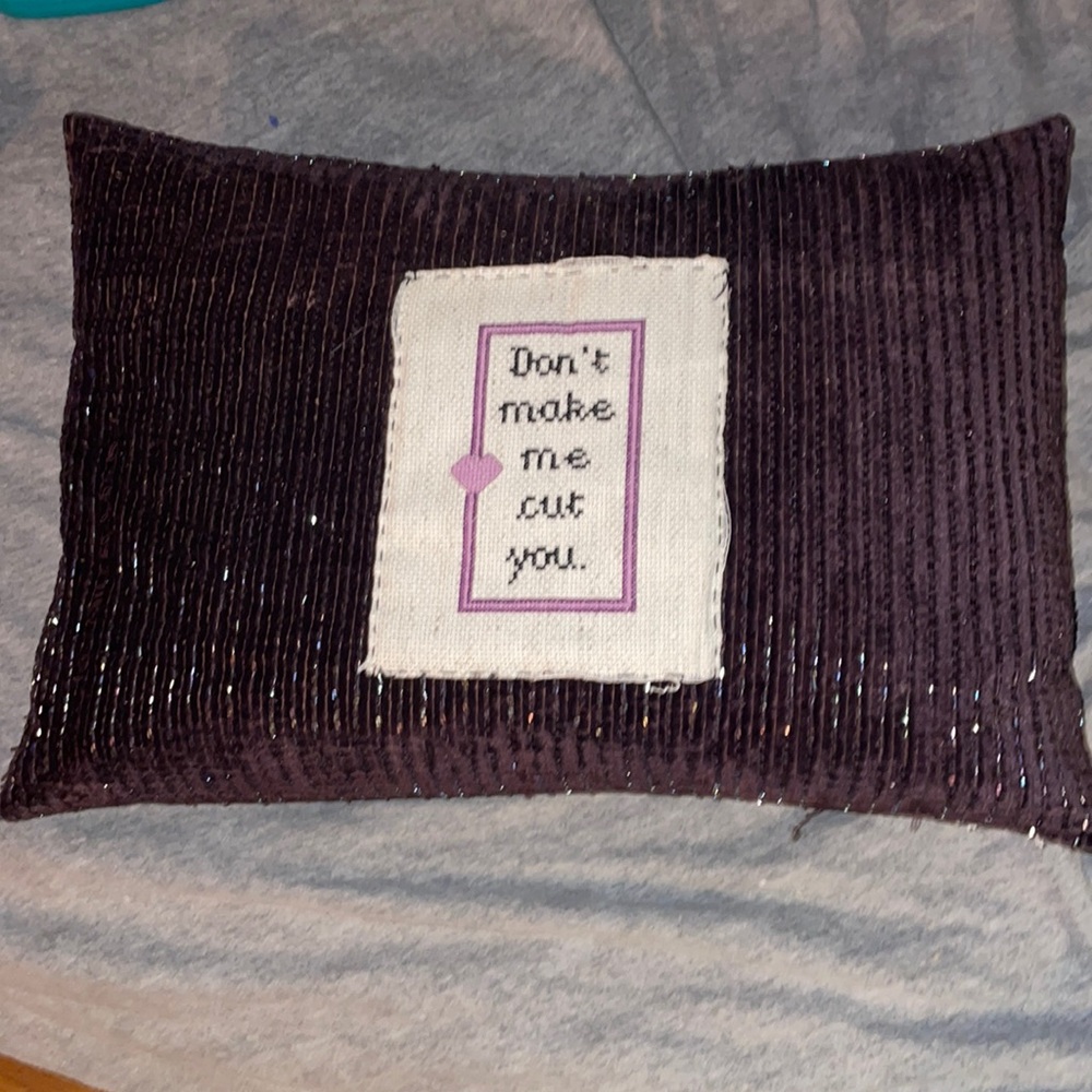 OOAK Purple Beaded and cross stitch throw pillow, funny, snarky
